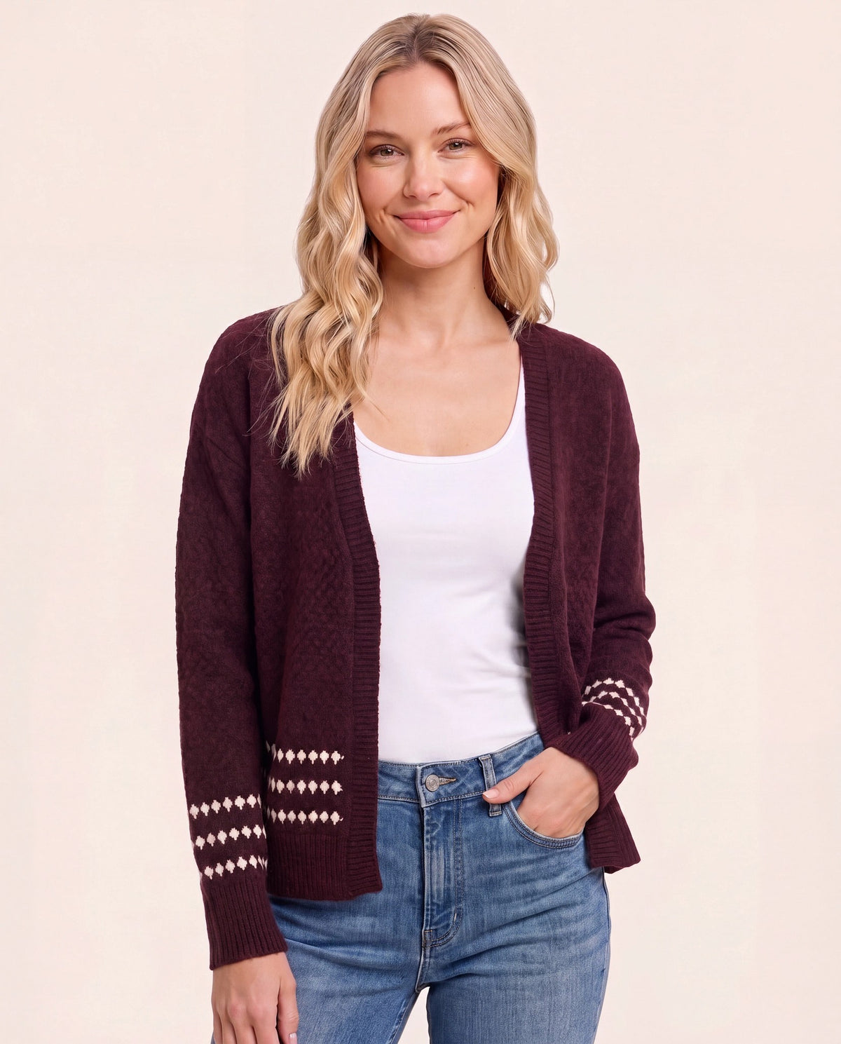Burgundy $|& Staccato Diamond Striped Open Front Cardigan - VOF Detail