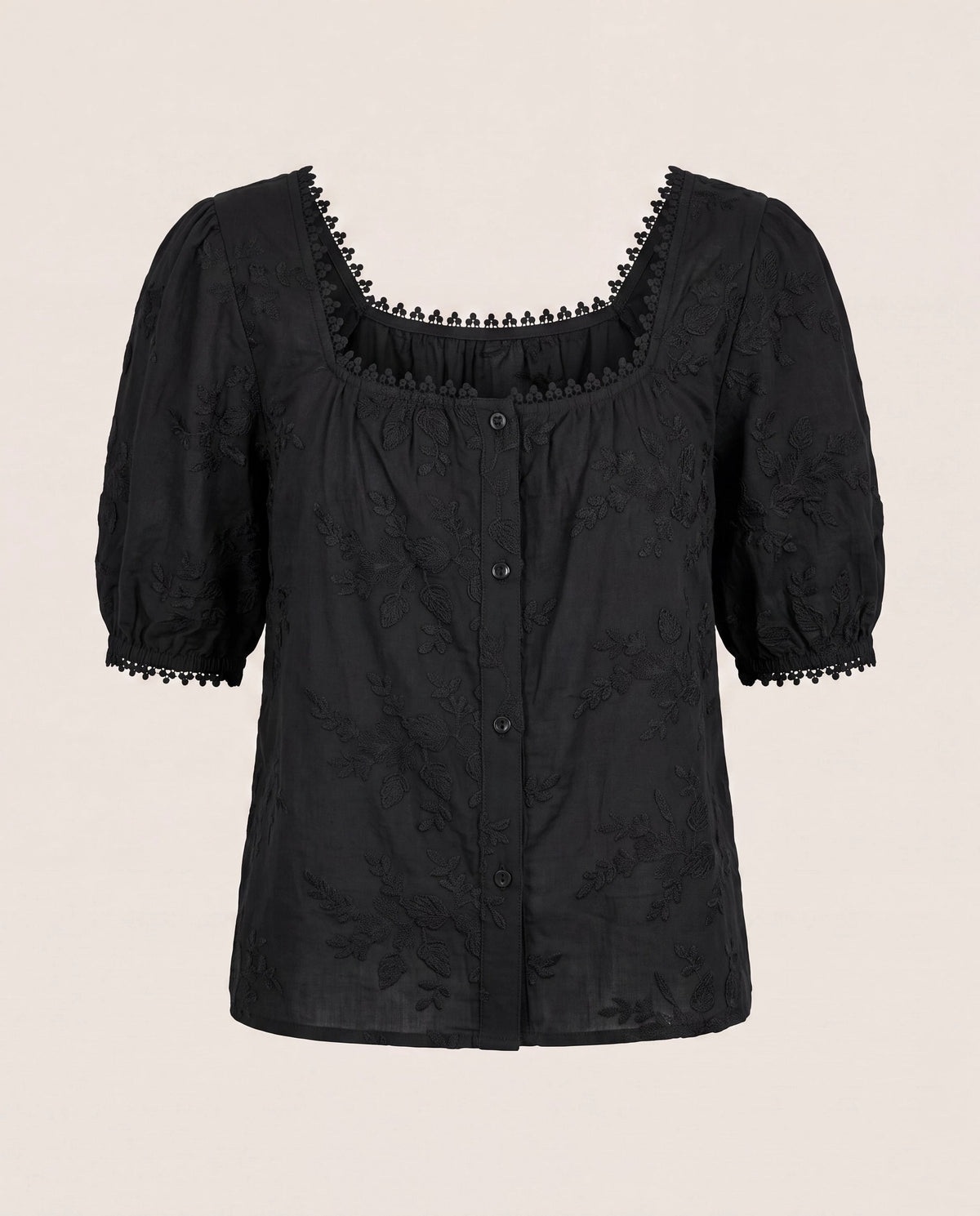 Black $|& West Kei Embroidered Button Down Blouse - Hanger Detail