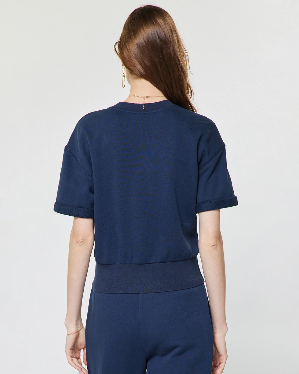 Navy $|& Current Air Embroidered Split Neck Crop Top - Hanger Side