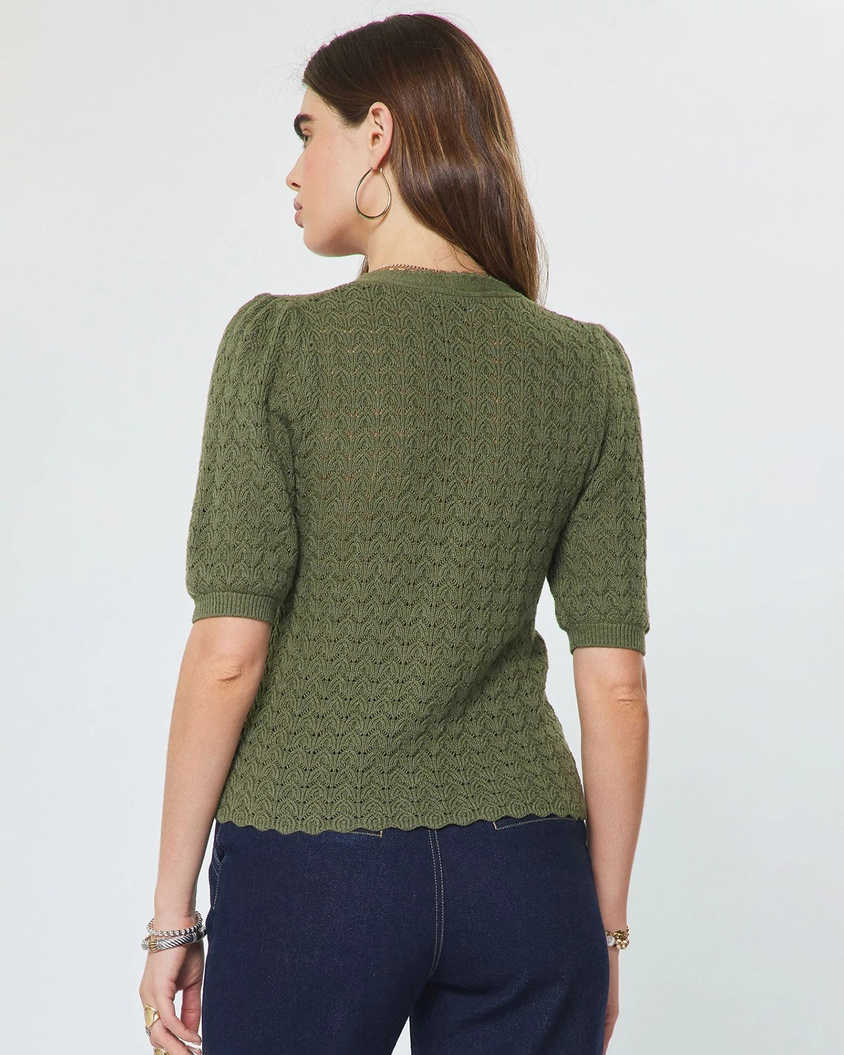 Olive $|& Current Air Scalloped Edge Cardigan Sweater Top - Hanger Side