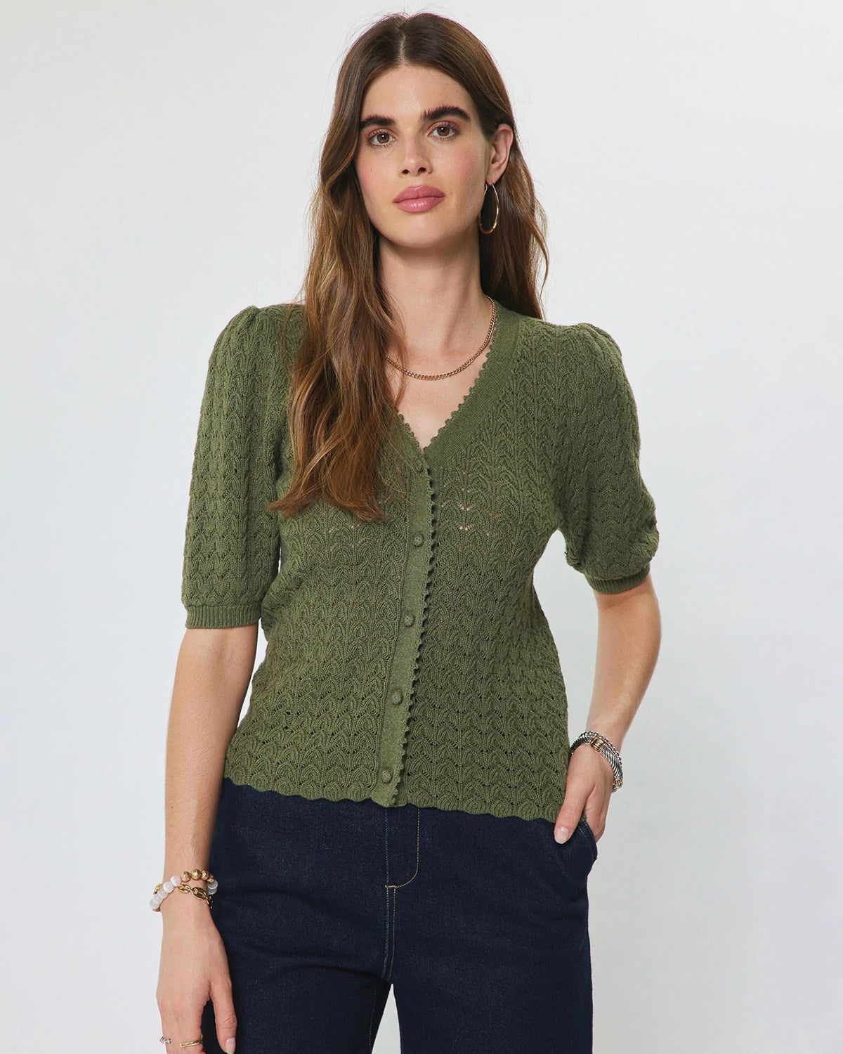 Olive $|& Current Air Scalloped Edge Cardigan Sweater Top - VOF Detail
