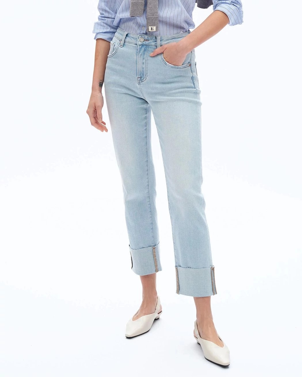 Light Blue $|& Bayeas High Rise Cuffed Straight Leg Jeans - VOF Detail
