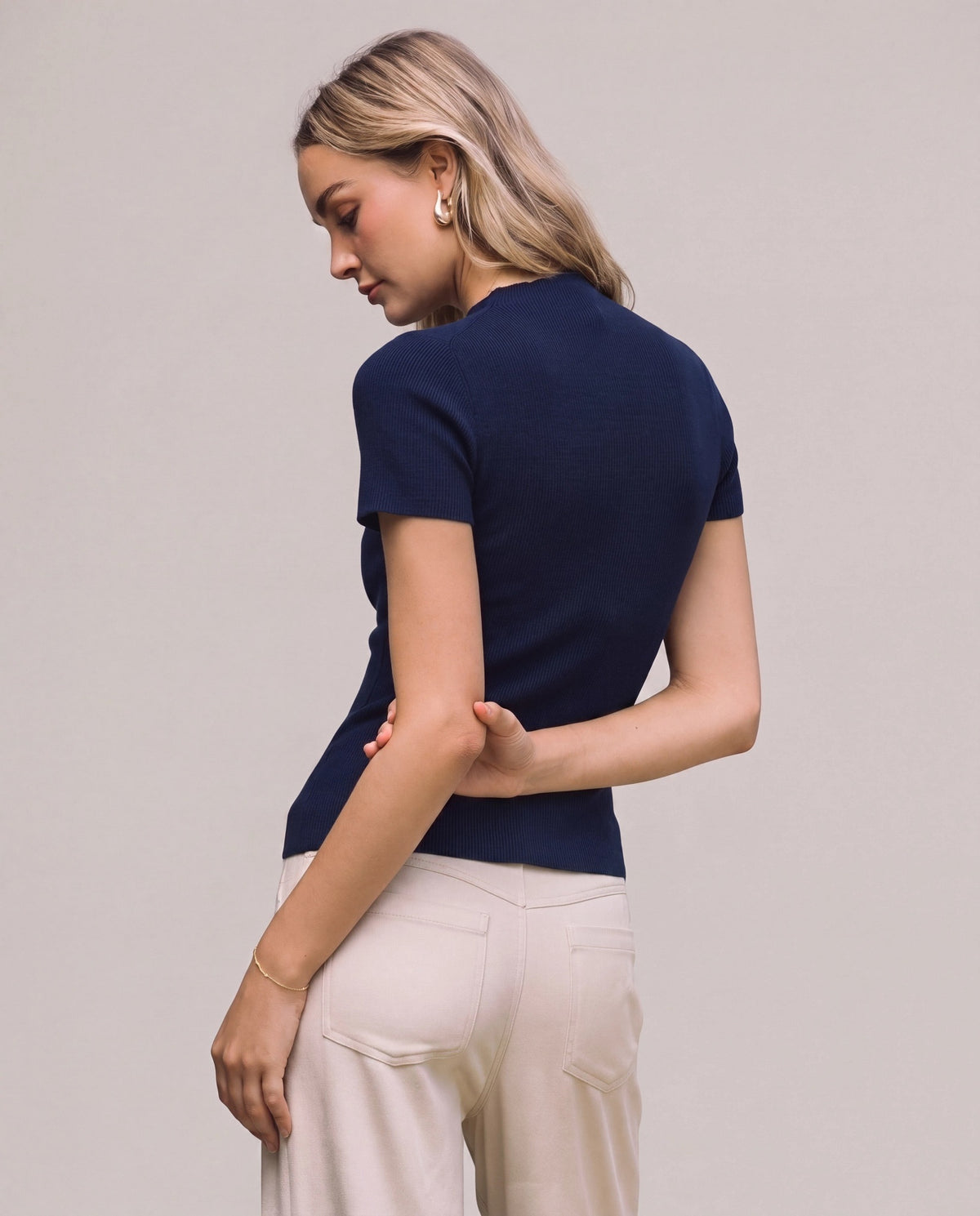 Navy $|& Skies Are Blue Short Sleeve Soft Knit Sweater Top - Hanger Side
