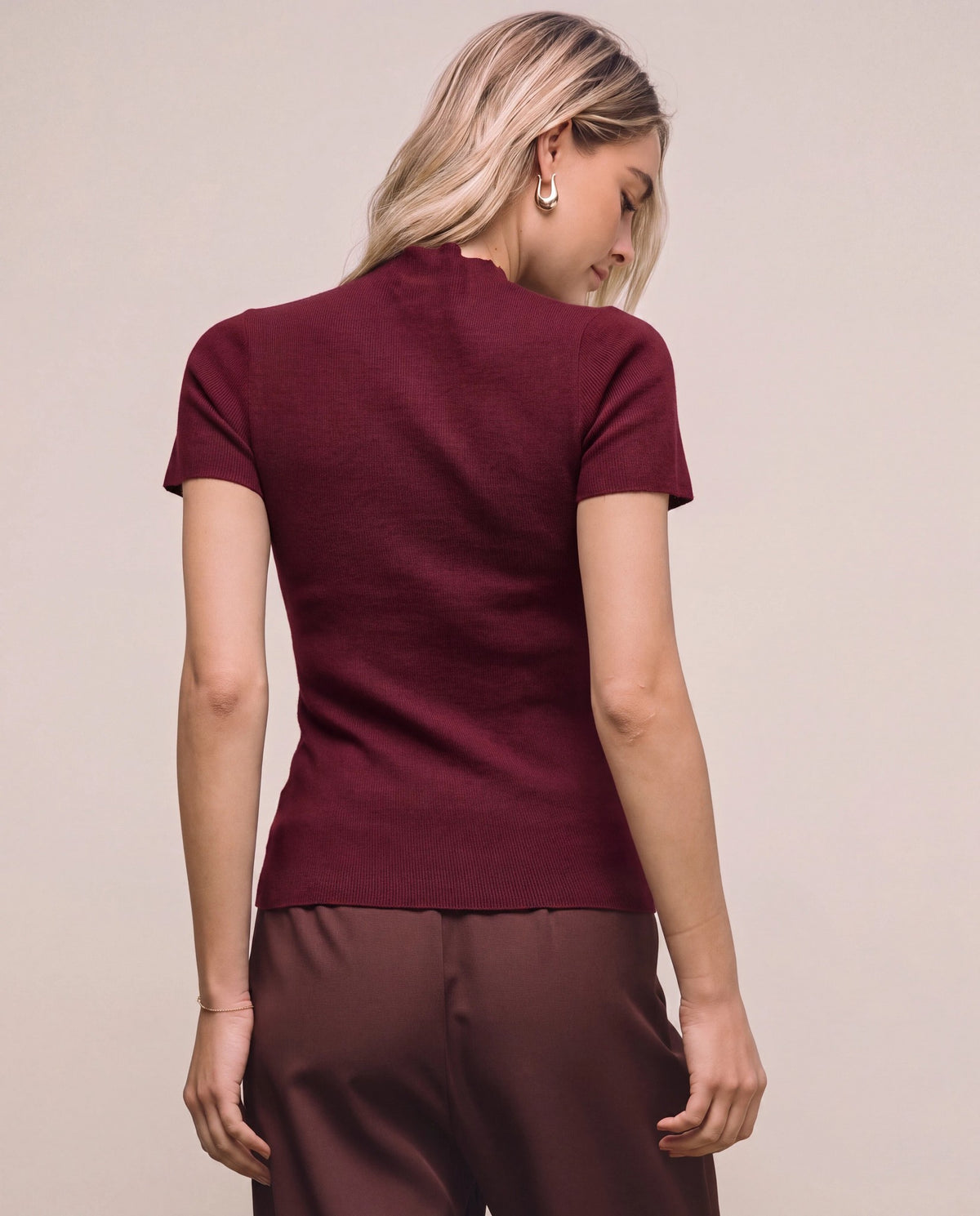 Burgundy $|& Skies Are Blue Short Sleeve Soft Knit Sweater Top - Hanger Side