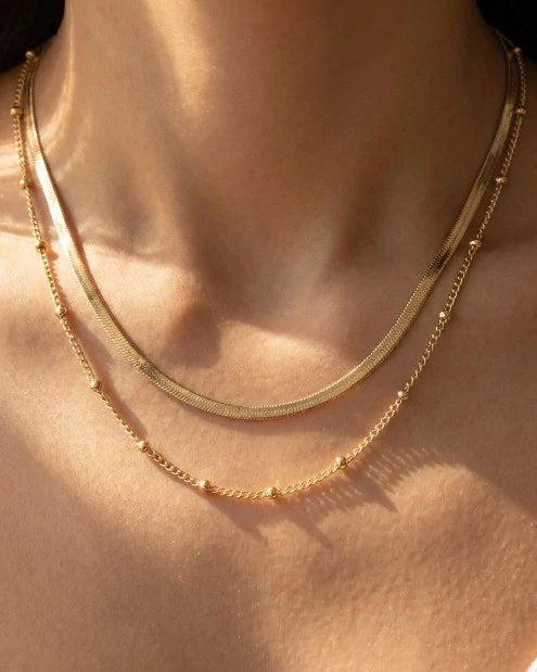 Gold $|& Fame Accessories Double Chain Herringbone Satellite Necklace - VOF Detail
