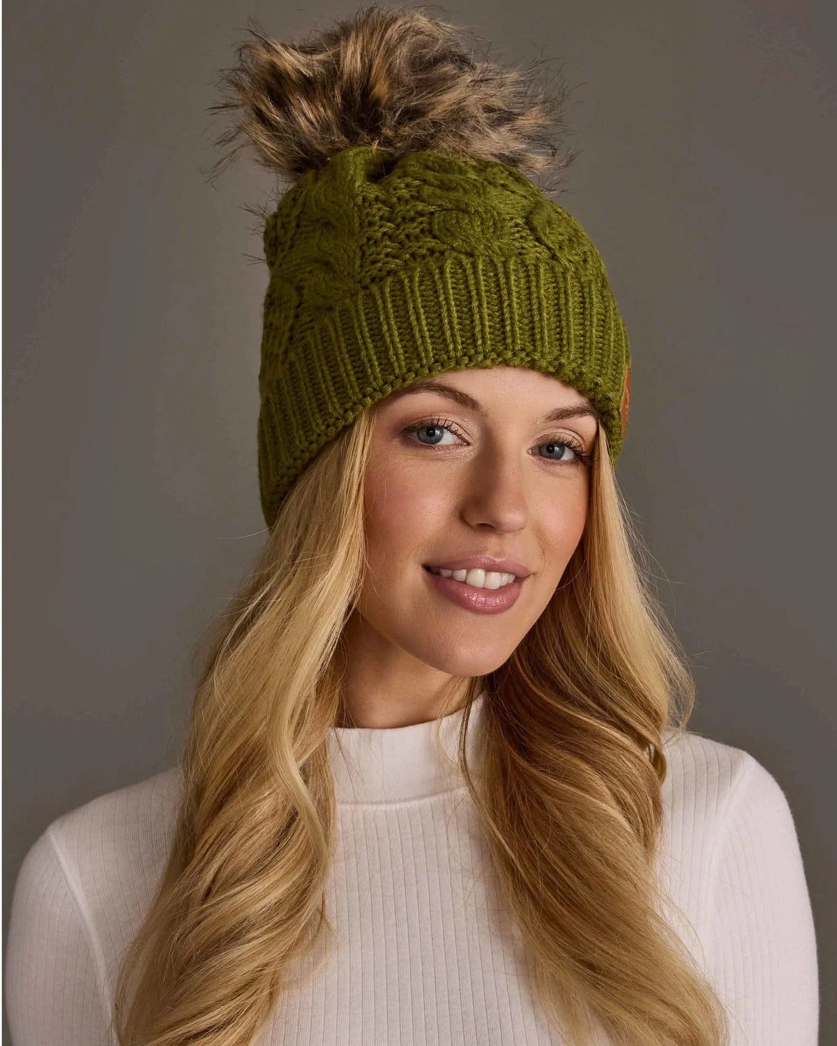 Matcha $|& Panache Apparel Olive Cable Pom Hat - VOF Detail