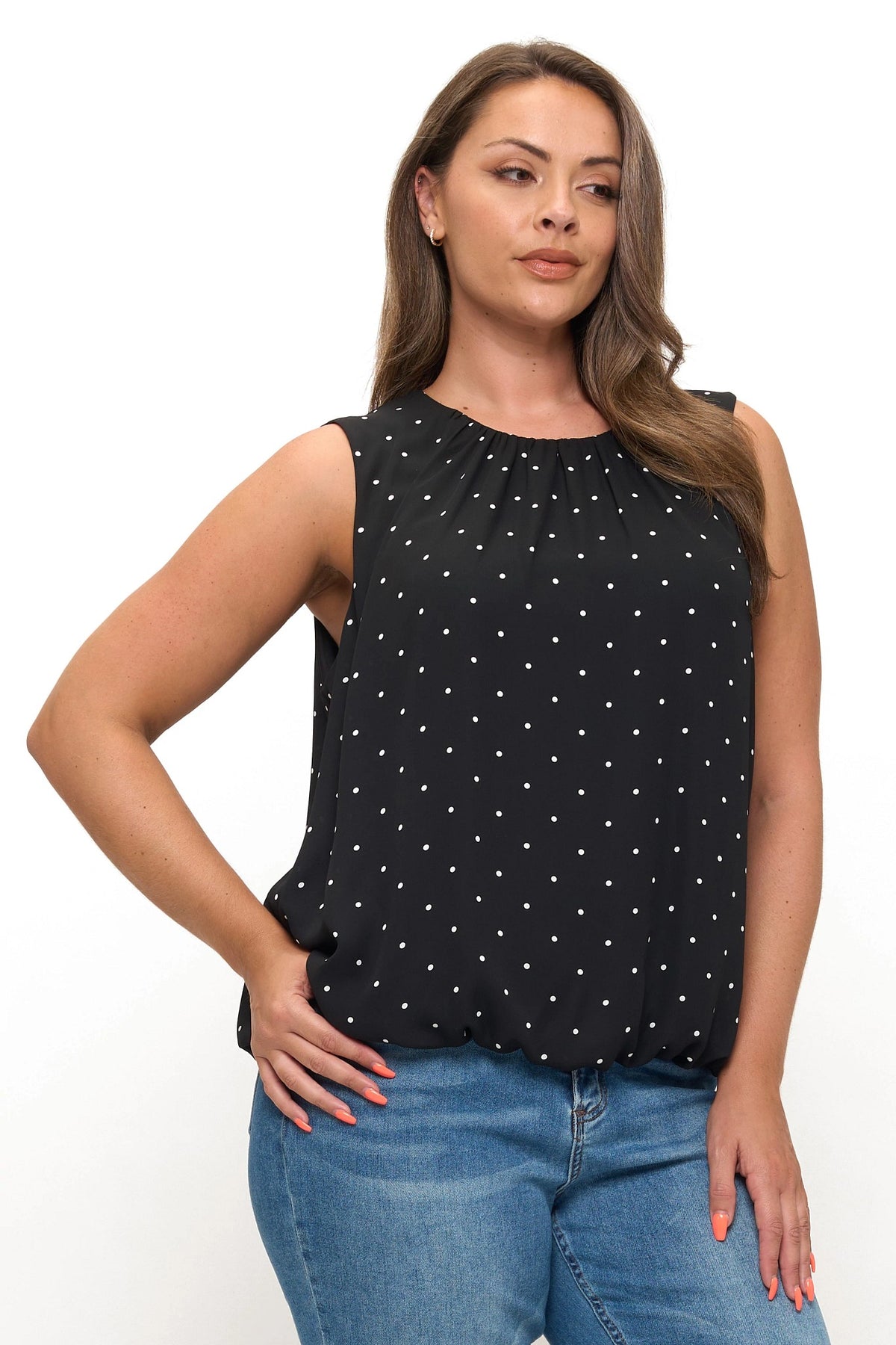 Black Dot $|& Beacon & Haven Sleeveless Woven Pindot Top - Hanger Front