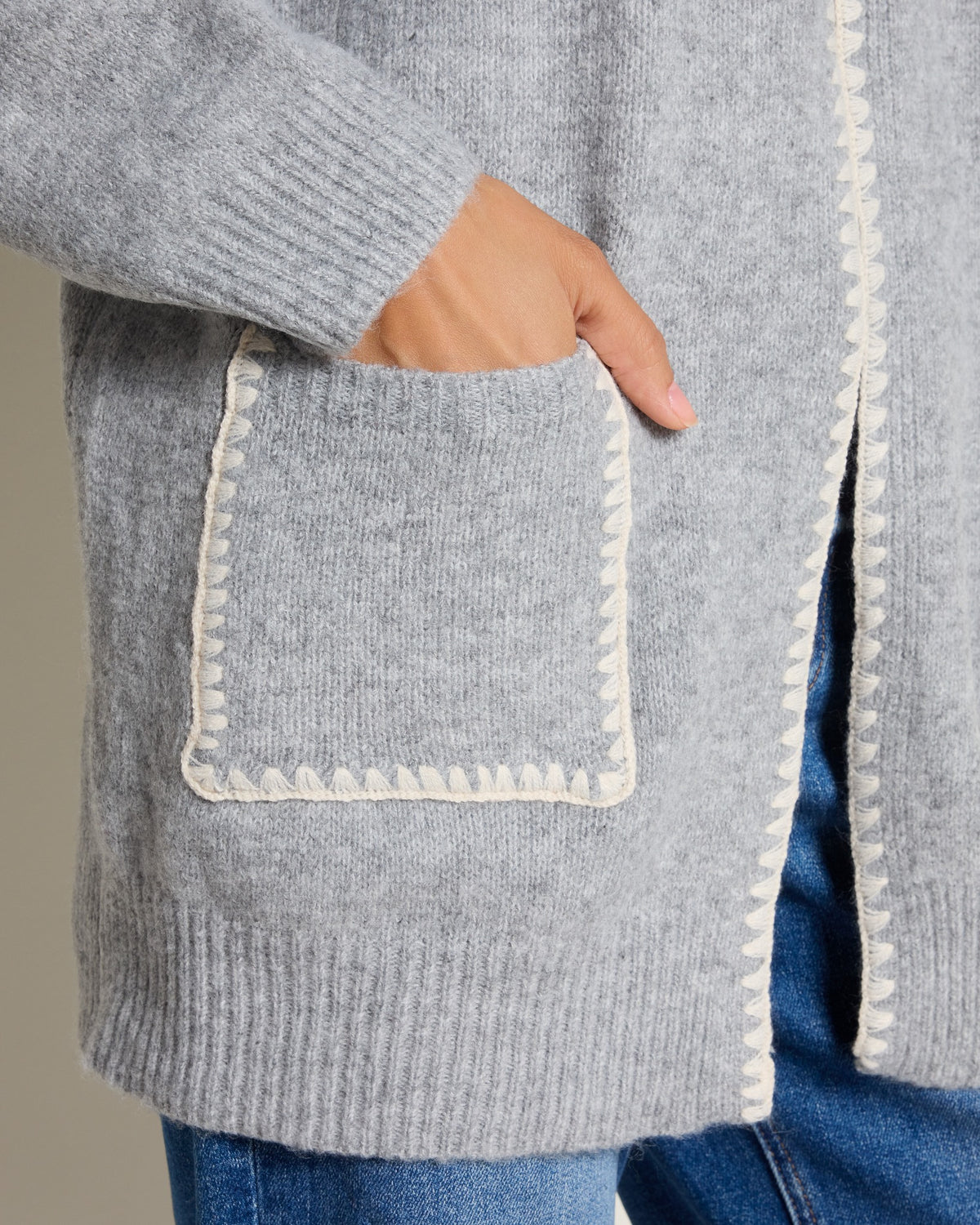 Heather Grey $|& by together Lotte Contrast Stitch Open Cardigan - SOF Full Front