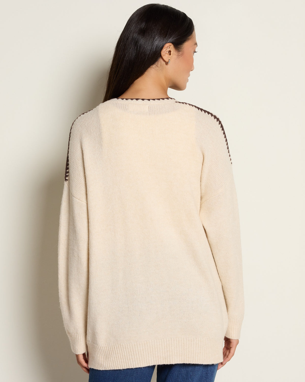 Light Beige $|& by together Lotte Contrast Stitch Open Cardigan - SOF Back