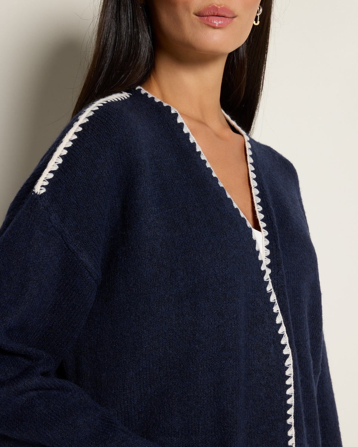 Navy $|& by together Lotte Contrast Stitch Open Cardigan - SOF Full Front