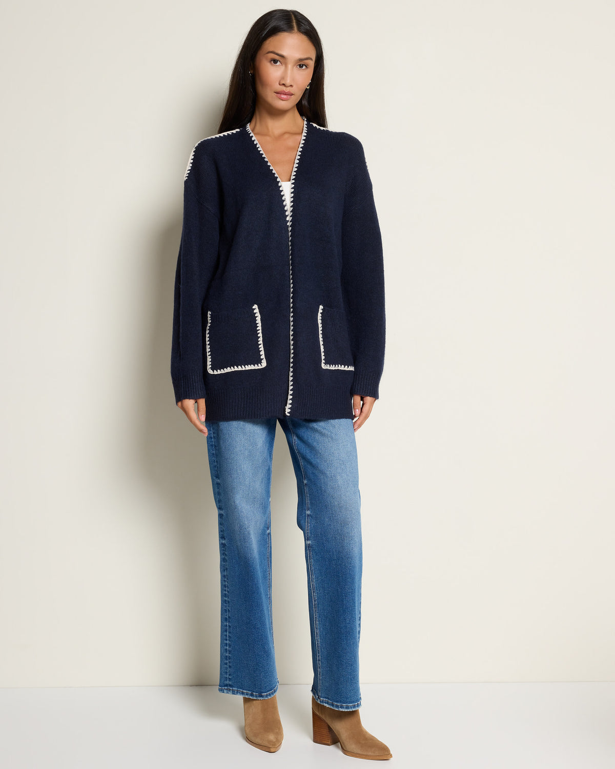 Navy $|& by together Lotte Contrast Stitch Open Cardigan - UGC On Fig