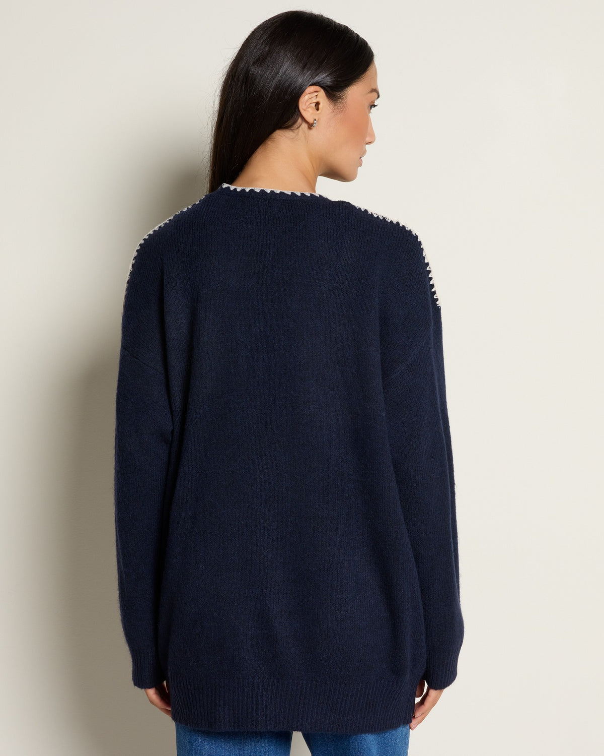Navy $|& by together Lotte Contrast Stitch Open Cardigan - SOF Back