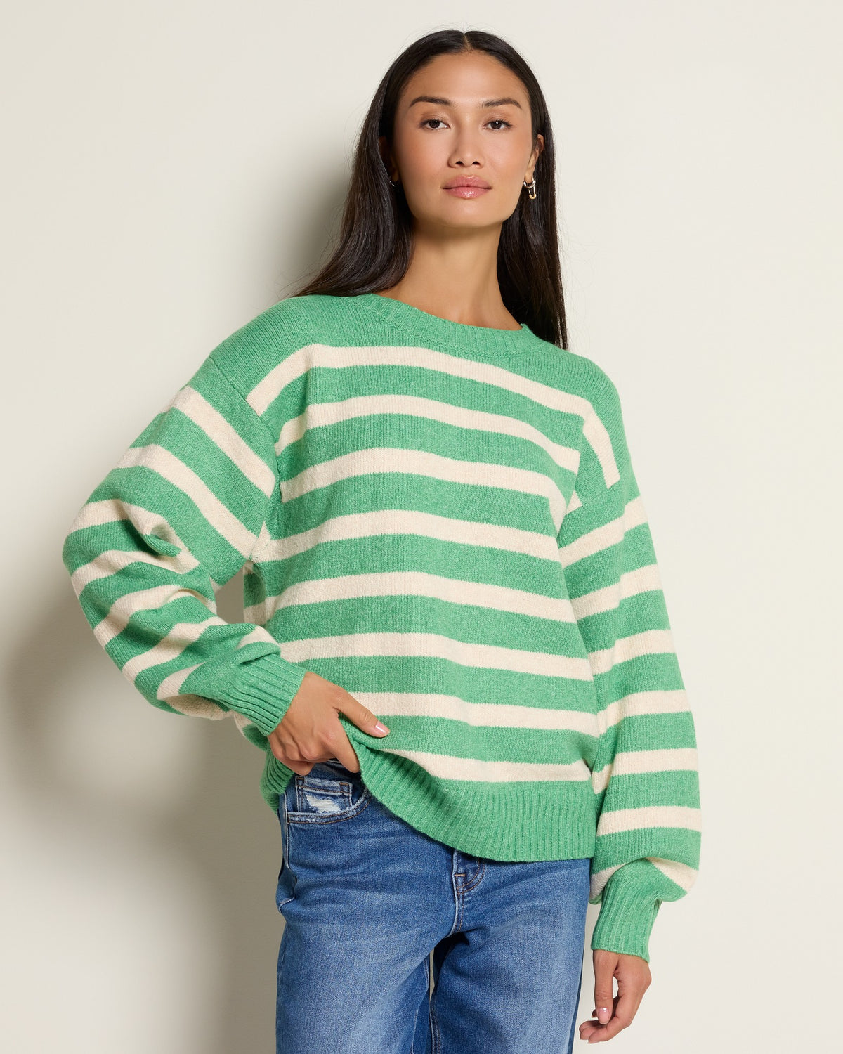 Green Natural $|& by together Davis Striped Sweater - SOF Front