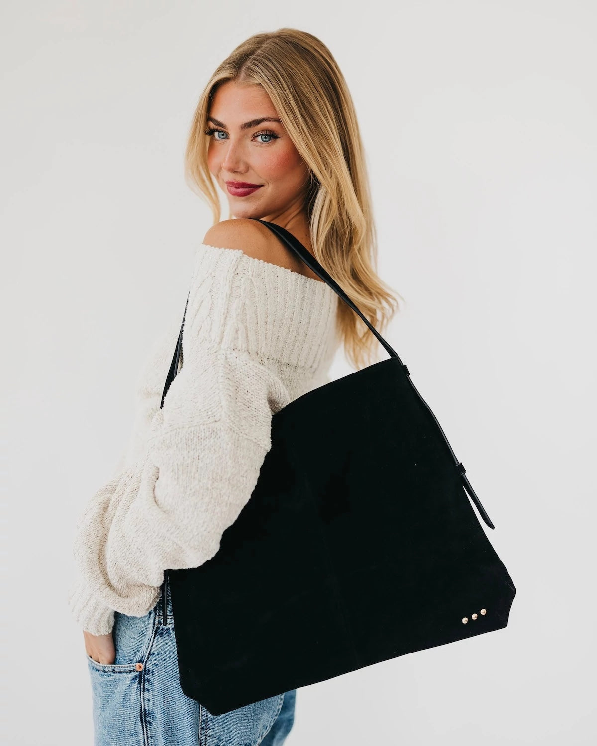 Black $|& Pretty Simple Evie Suede Hobo Shoulder Bag - VOF Detail