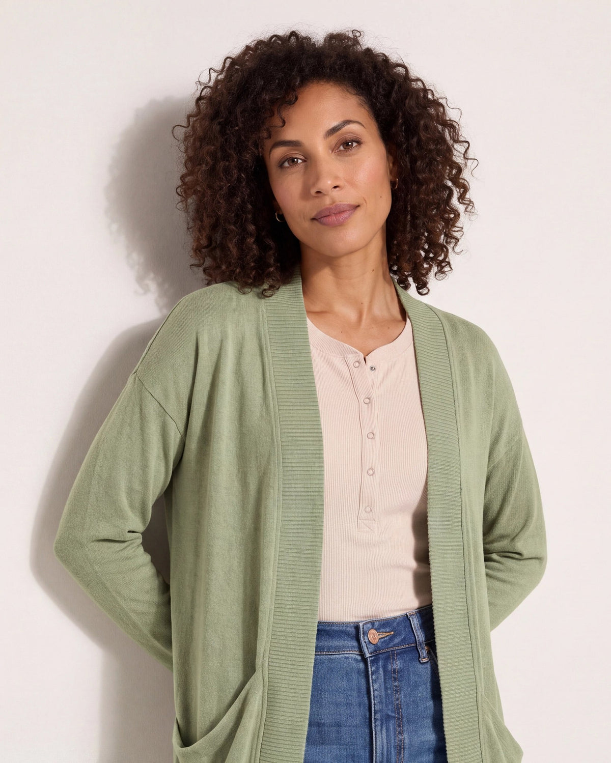 Light Olive $|& W. by Wantable Cozy Cocoon Cardigan - SOF Full Front