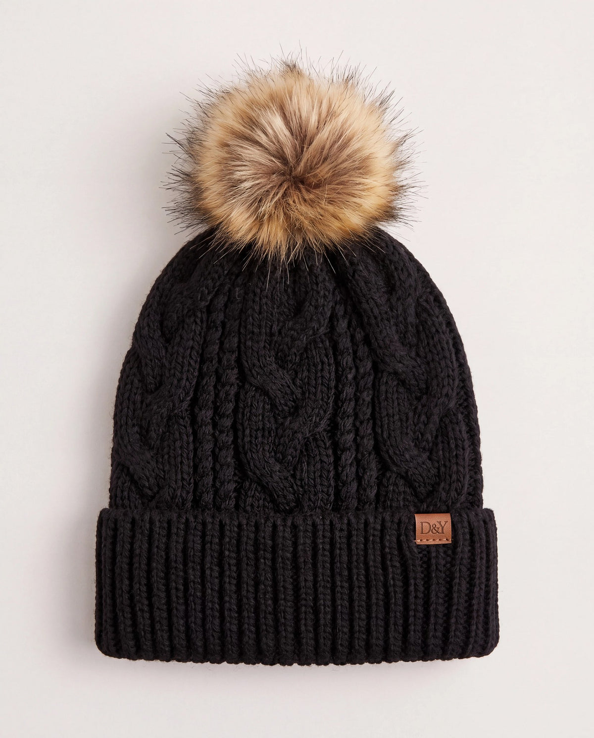 Black $|& David & Young Knit Beanie with Faux Fur Pom & Lining - Hanger Detail