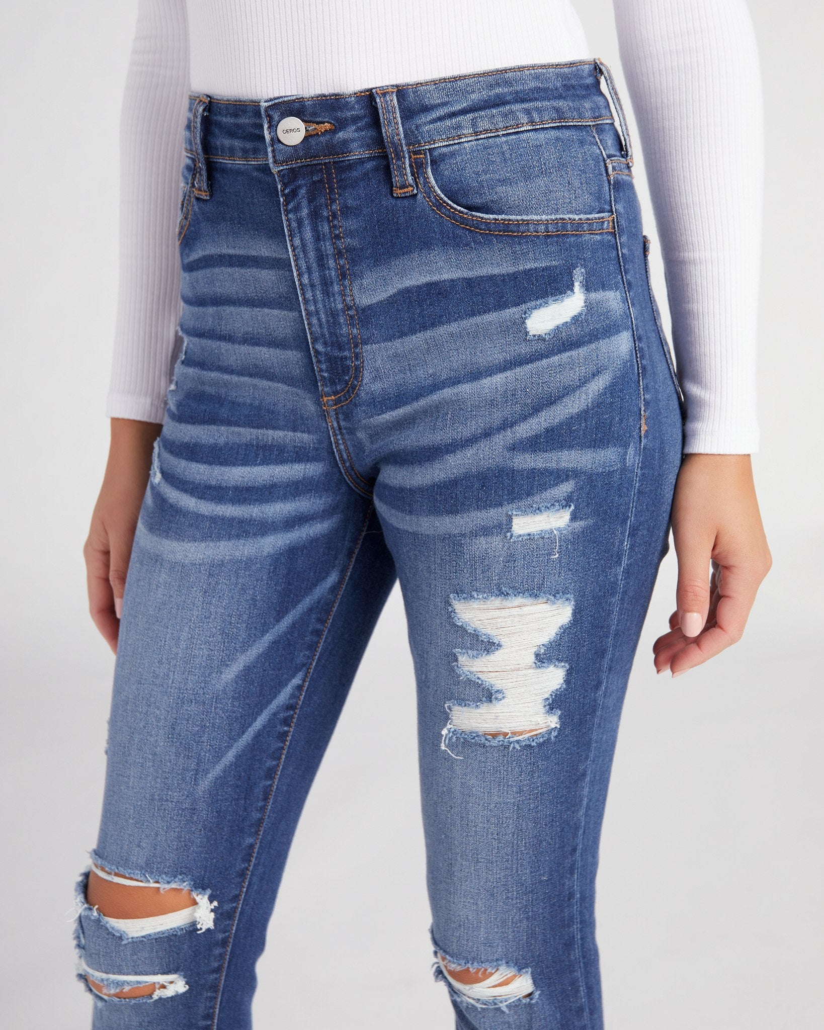 Dark Blue $|& Ceros Jeans High Rise Ankle Skinny - SOF Detail