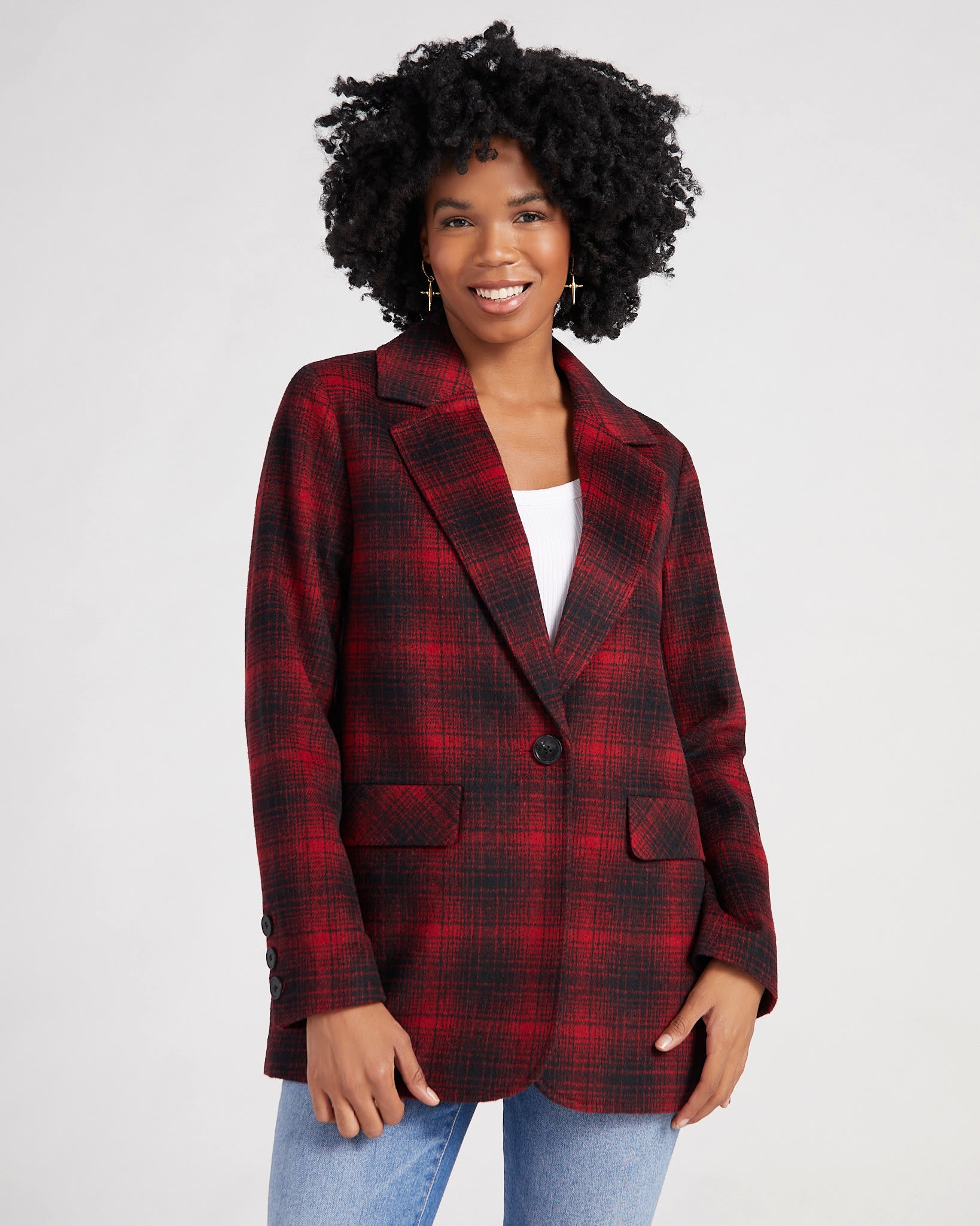 Red black 2025 plaid blazer