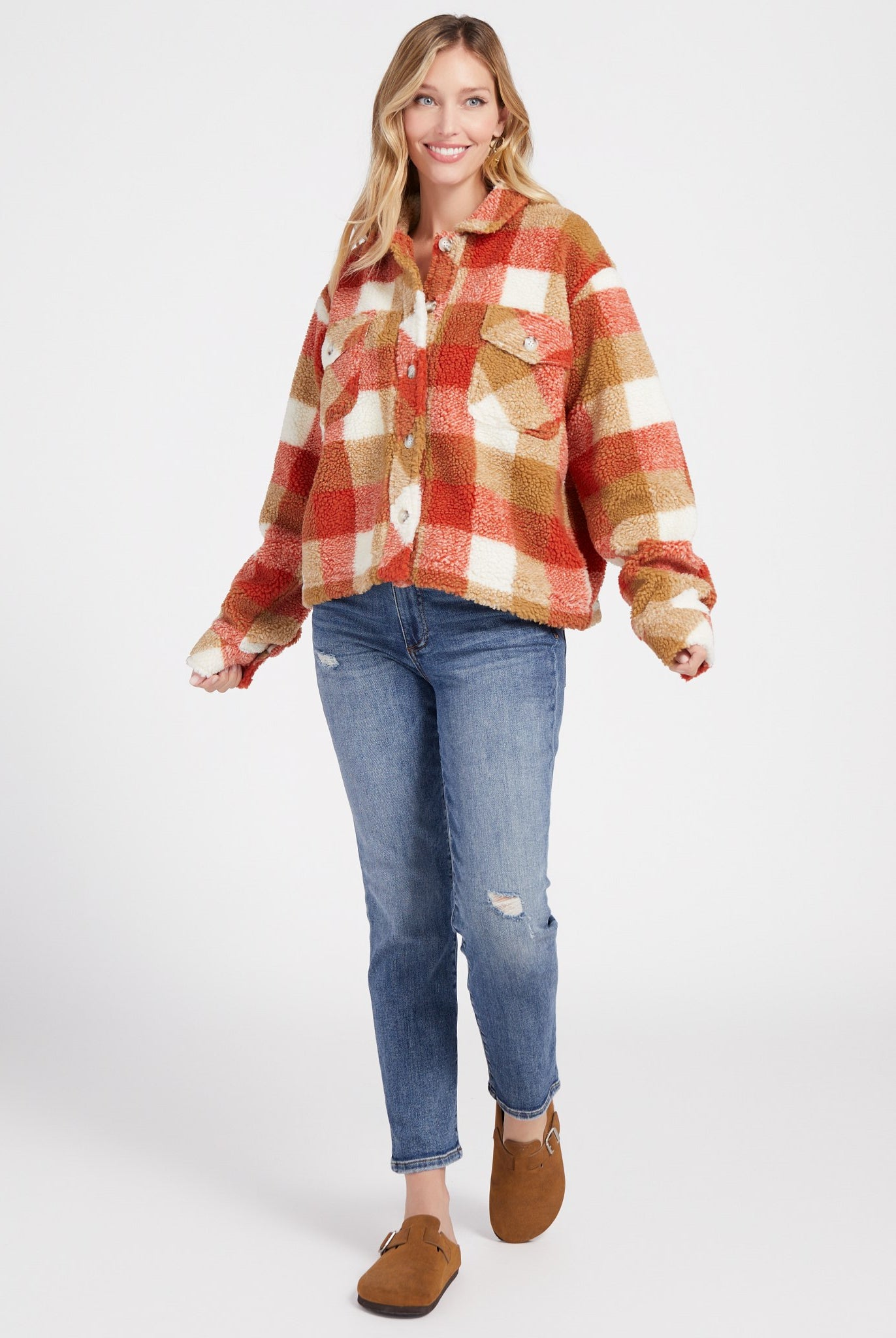 Sunset Orange Plaid $|& Herizon Yukon Sherpa Jacket - SOF Full Front