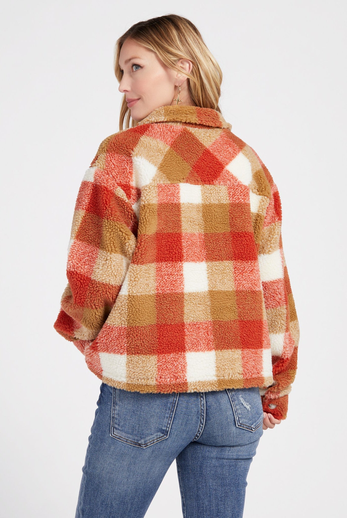 Sunset Orange Plaid $|& Herizon Yukon Sherpa Jacket - SOF Back