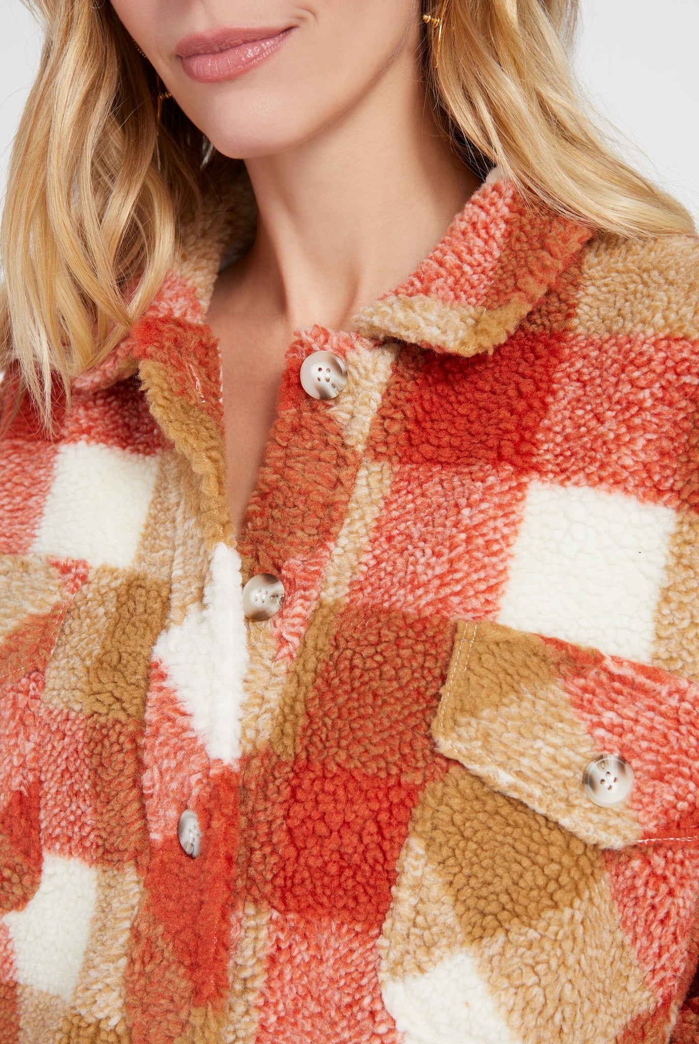 Sunset Orange Plaid $|& Herizon Yukon Sherpa Jacket - SOF Detail