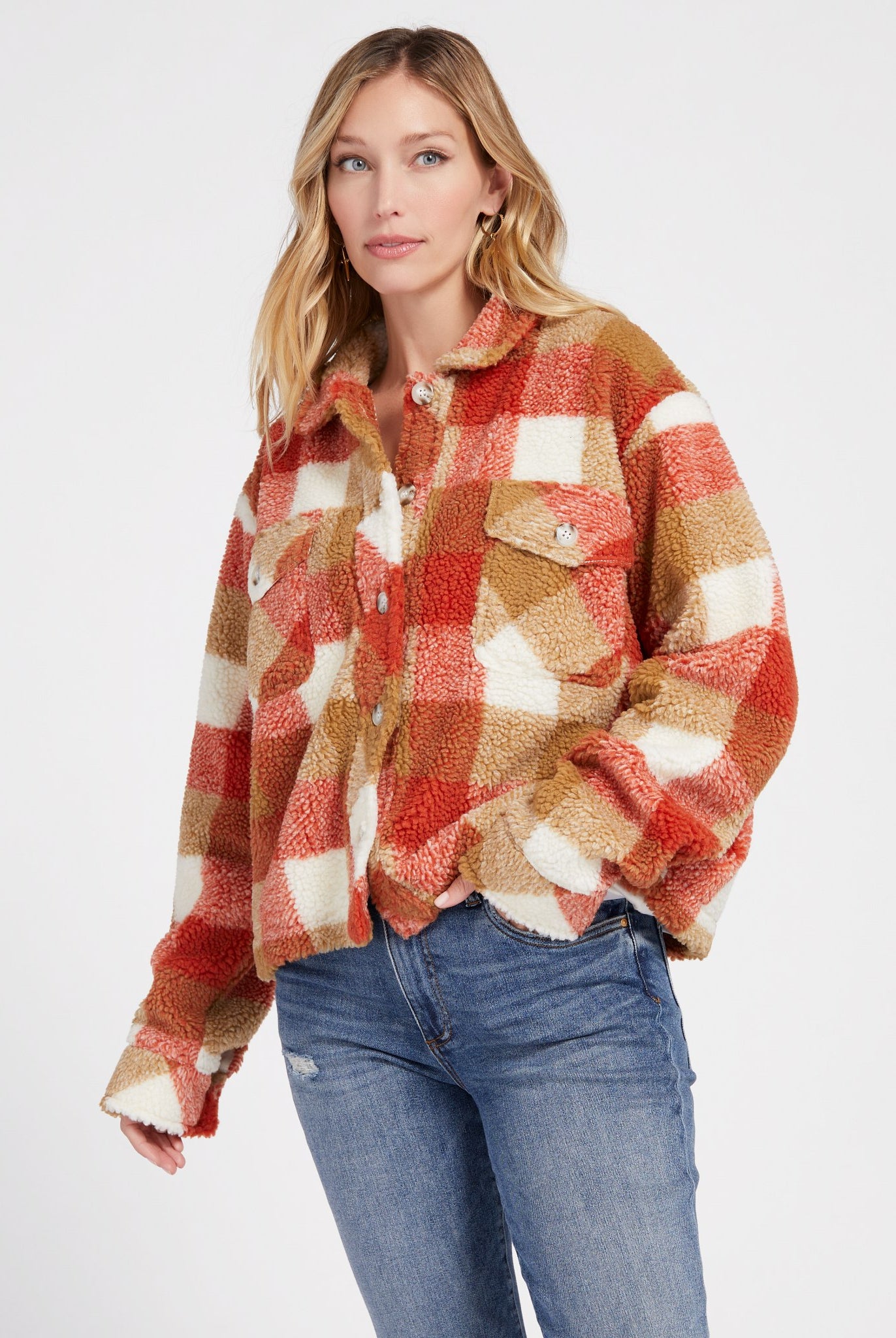 Sunset Orange Plaid $|& Herizon Yukon Sherpa Jacket - SOF Front