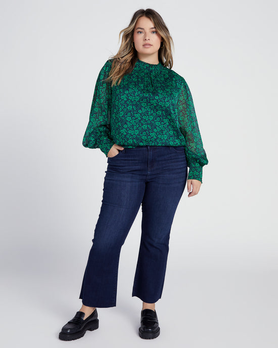 Spearmint-Navy $|& Skies Are Blue Long Sleeve Mock Neck Blouse - SOF Full Front