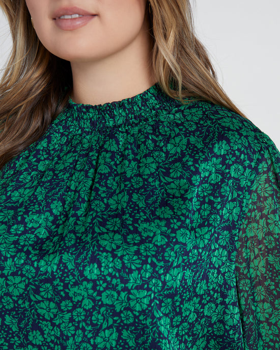 Spearmint-Navy $|& Skies Are Blue Long Sleeve Mock Neck Blouse - SOF Detail