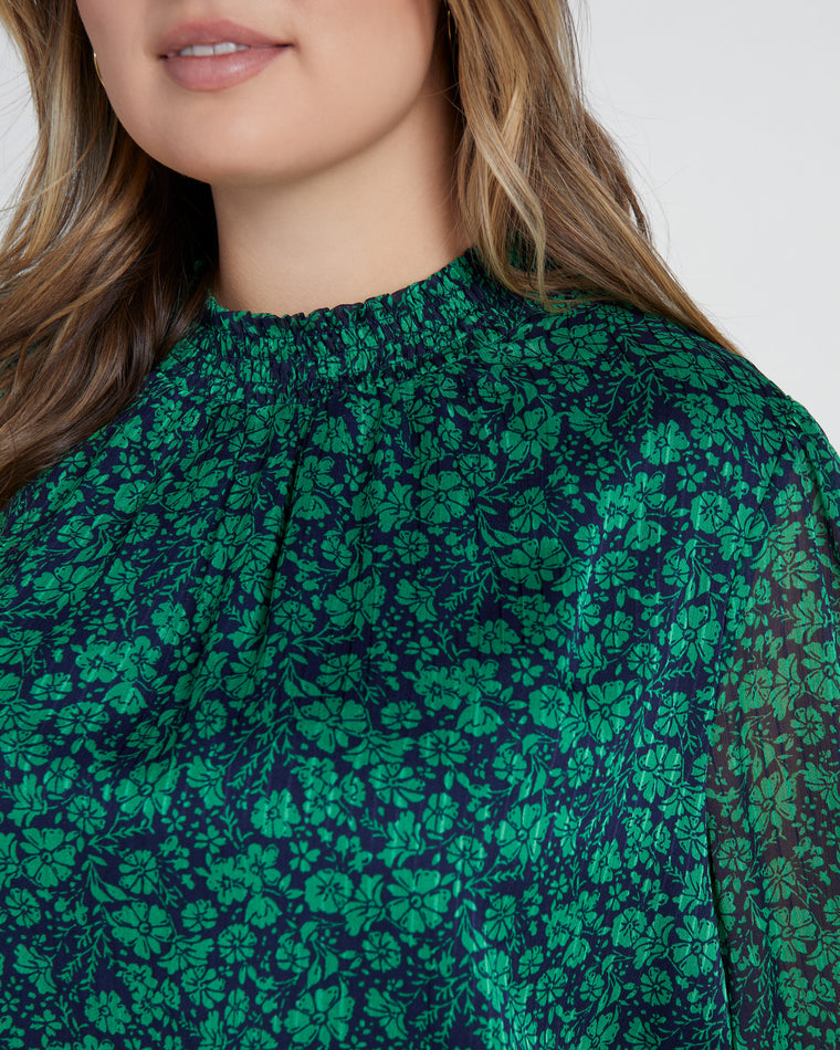 Spearmint-Navy $|& Skies Are Blue Long Sleeve Mock Neck Blouse - SOF Detail