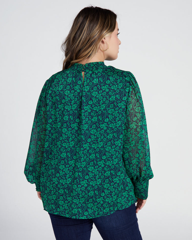 Spearmint-Navy $|& Skies Are Blue Long Sleeve Mock Neck Blouse - SOF Back