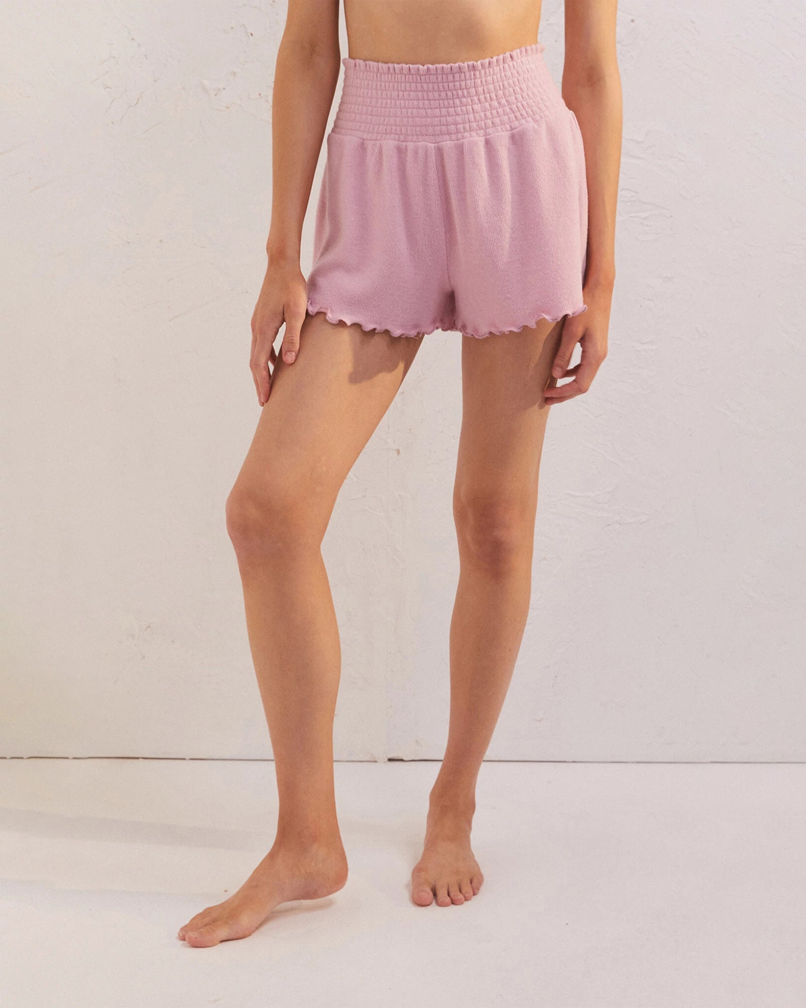 Pink Glaze $|& Z Supply Lounge Dawn Ribbed Smocked Short - VOF Front