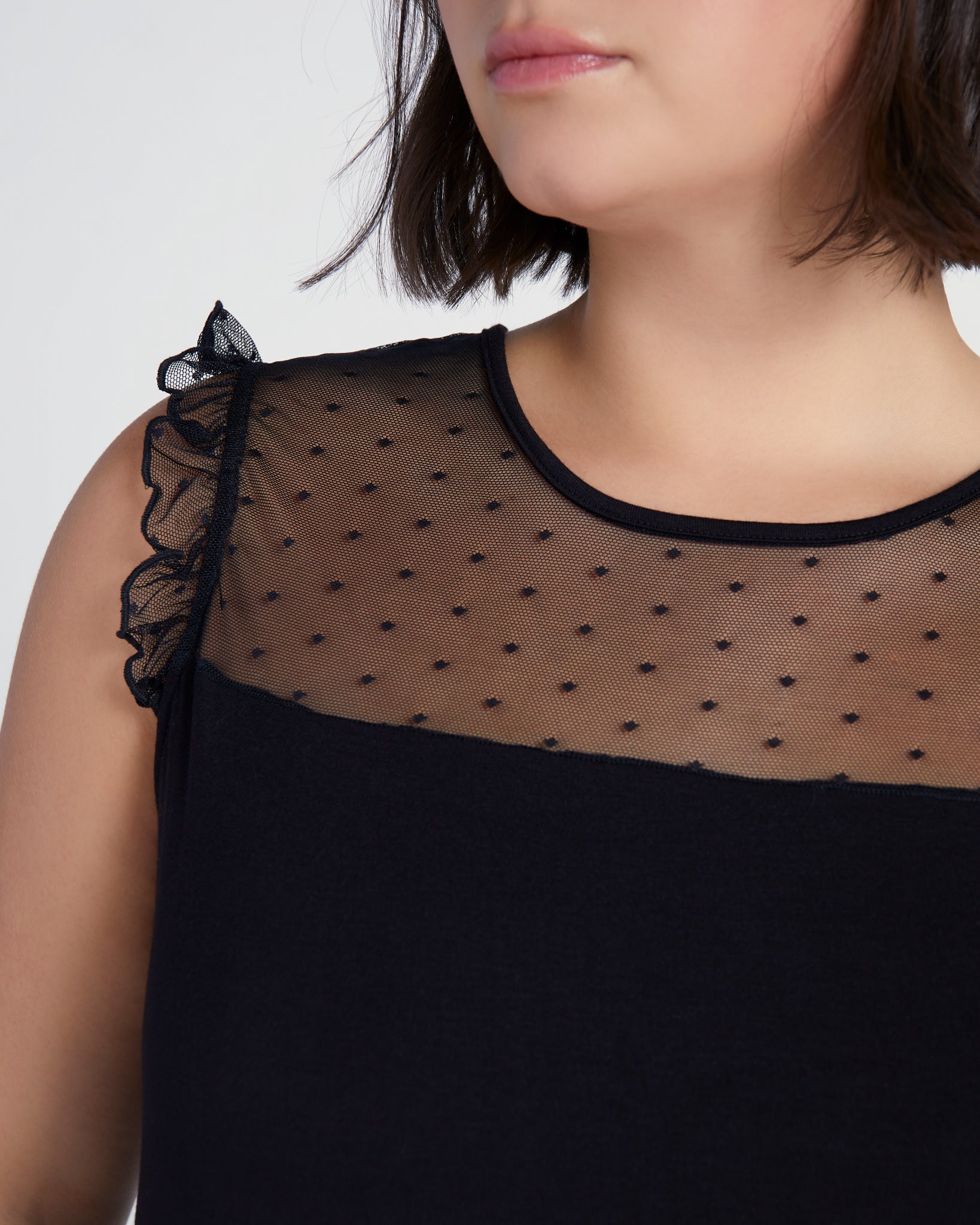 Black $|& Loveappella Mesh Dot Front Top - SOF Detail