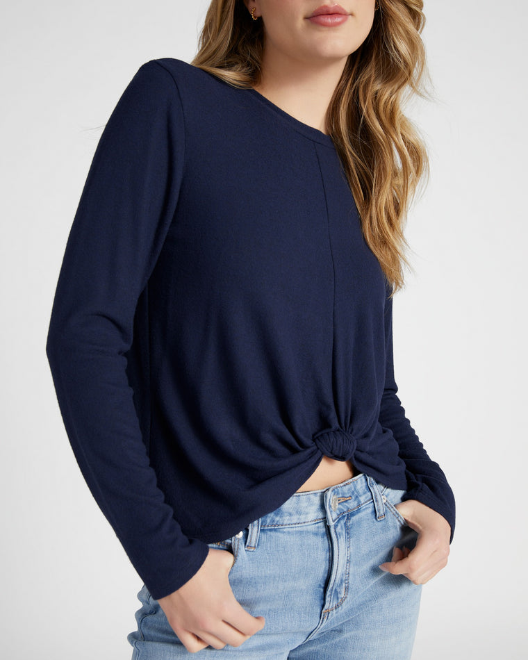 Textured Navy $|& Herizon Faux Knot Front Long Sleeve Tee - SOF Detail