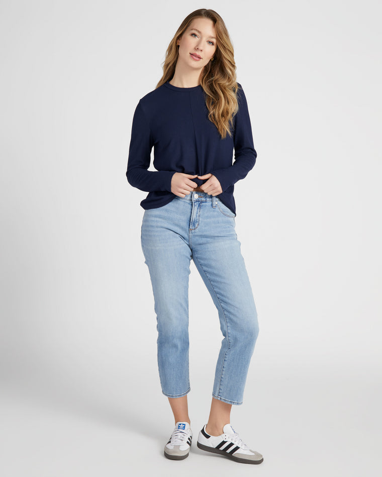 Textured Navy $|& Herizon Faux Knot Front Long Sleeve Tee - SOF Full Front