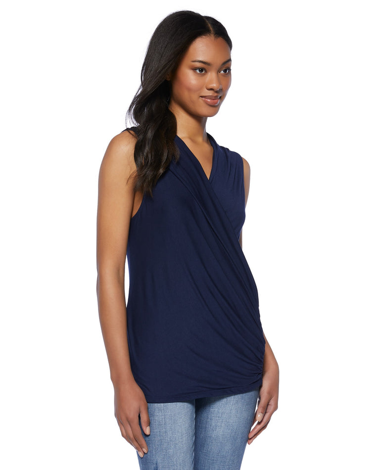 Navy $|& Loveappella Solid Wrap Front Sleeveless Top - SOF Front