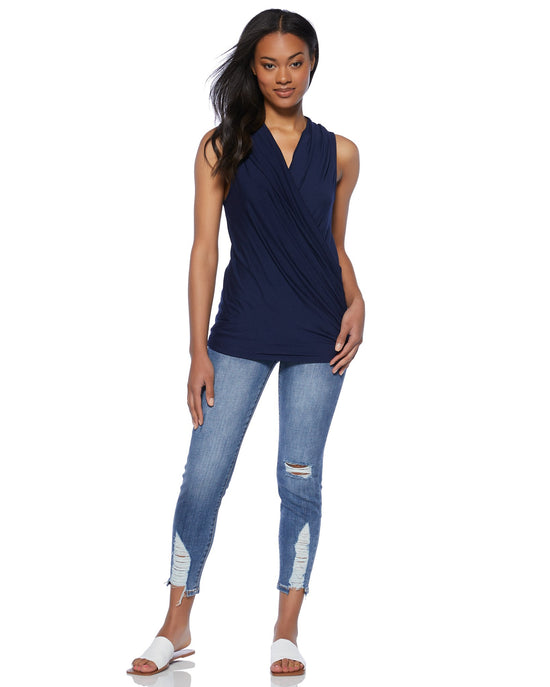 Navy $|& Loveappella Solid Wrap Front Sleeveless Top - SOF Full Front