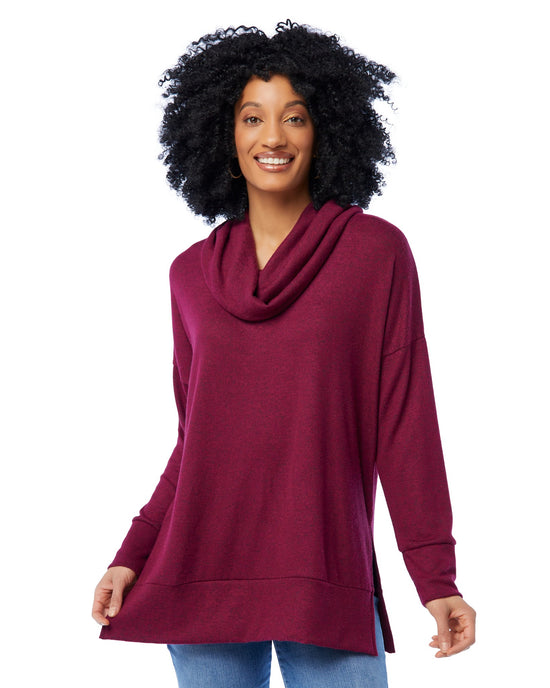 Burgundy $|& Loveappella Cowl Neck Hacci Top with Side Slits - SOF Front
