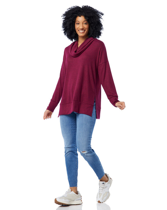 Burgundy $|& Loveappella Cowl Neck Hacci Top with Side Slits - SOF Full Front