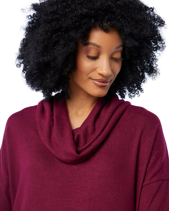 Burgundy $|& Loveappella Cowl Neck Hacci Top with Side Slits - SOF Detail
