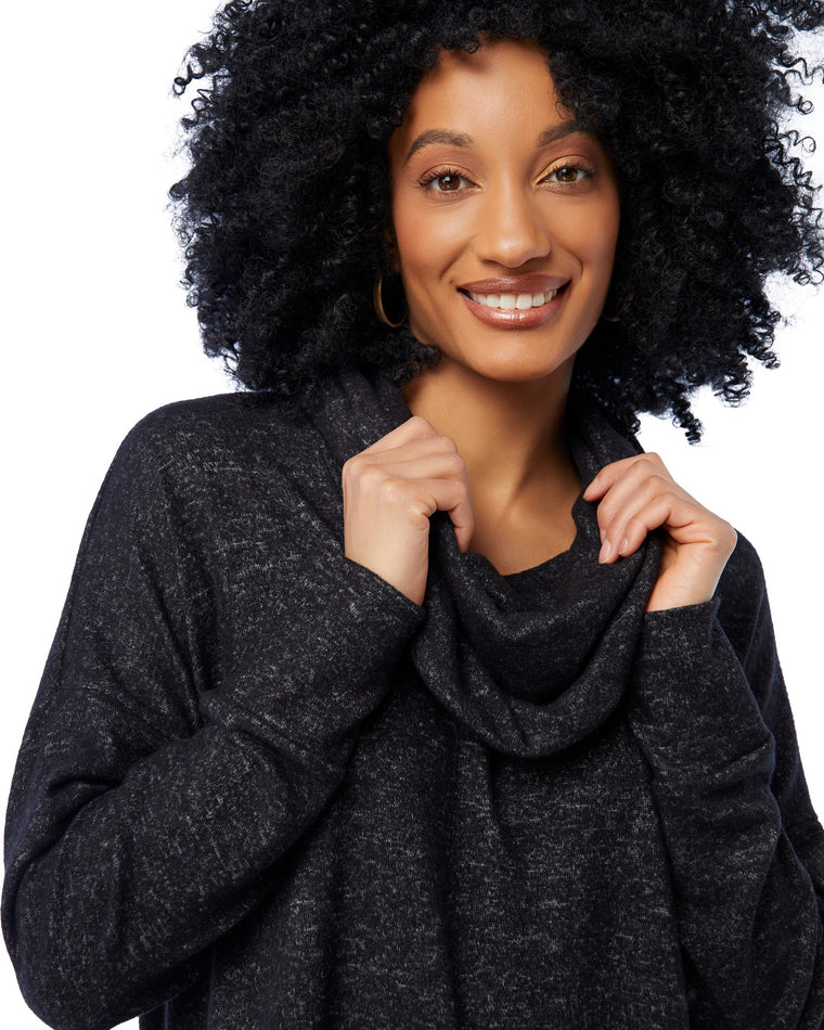 Black $|& Loveappella Cowl Neck Hacci Top with Side Slits - SOF Detail