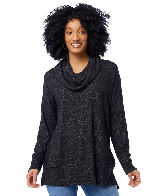 Black $|& Loveappella Cowl Neck Hacci Top with Side Slits - SOF Front
