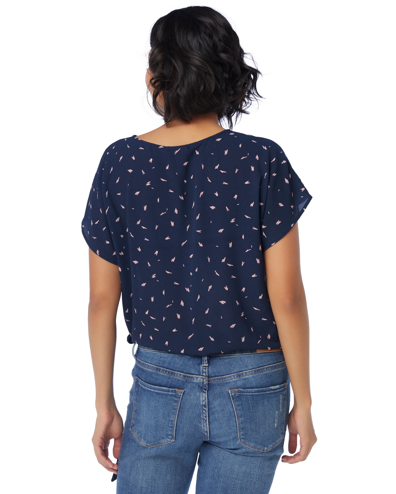 Deep Navy $|& West Kei Printed Woven Short Sleeve Surplice Top - SOF Back