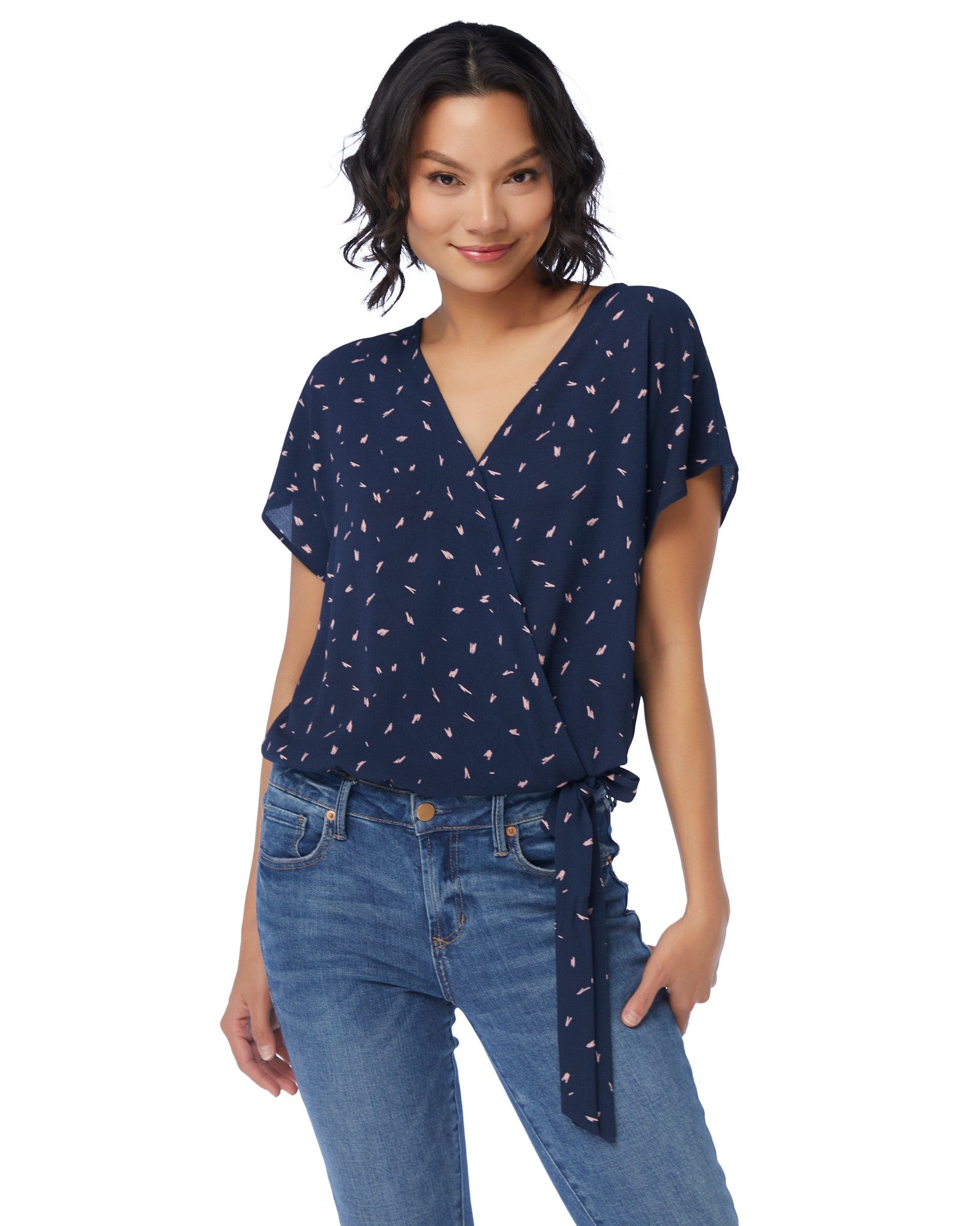 Deep Navy $|& West Kei Printed Woven Short Sleeve Surplice Top - SOF Front