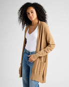 Heather Latte $|& Dreamers Open Long Line Cardigan withPockets - SOF Front