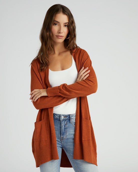 Heather Bronze $|& Dreamers Open Long Line Cardigan withPockets - SOF Front