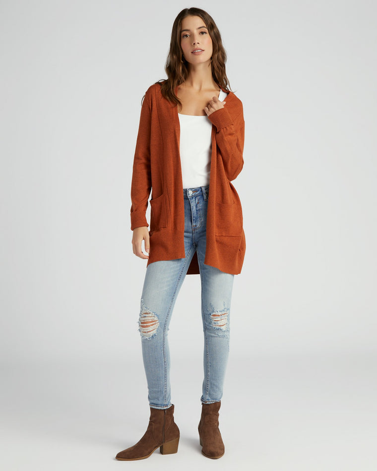 Heather Bronze $|& Dreamers Open Long Line Cardigan withPockets - SOF Full Front