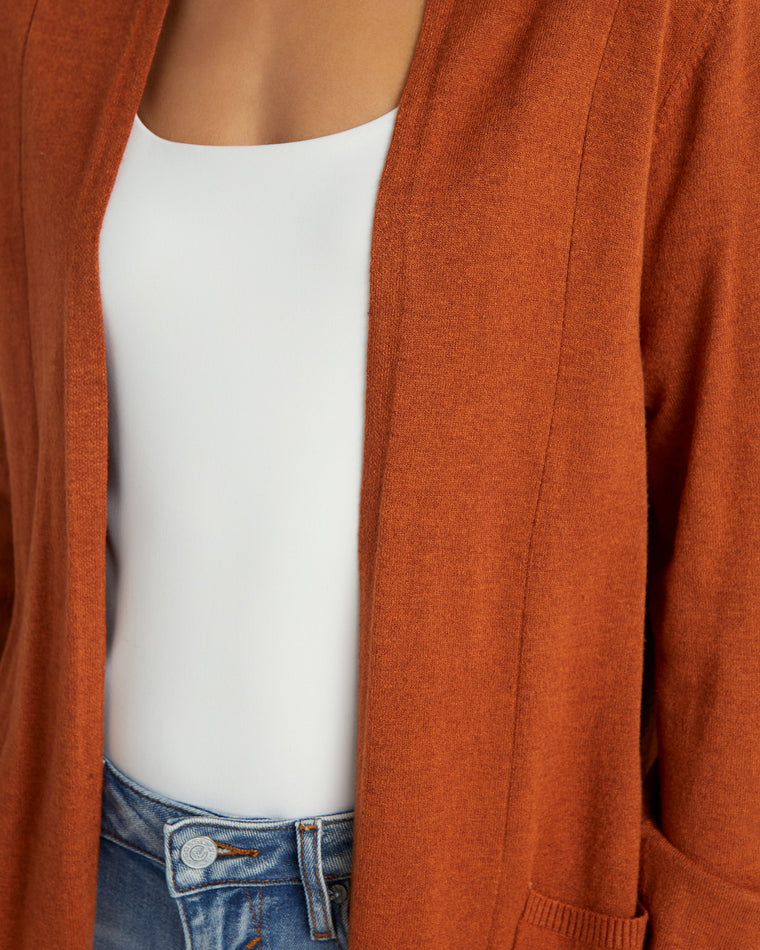Heather Bronze $|& Dreamers Open Long Line Cardigan withPockets - SOF Detail
