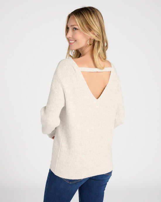 Back V-Neck Fuzzy Rib Sweater Light Grey $|& Hem & Thread Back V-Neck Fuzzy Ribbed Sweater - SOF Back
