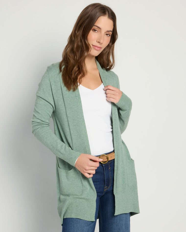 Heather Chive $|& Dreamers Open Long Line Cardigan withPockets - SOF Front