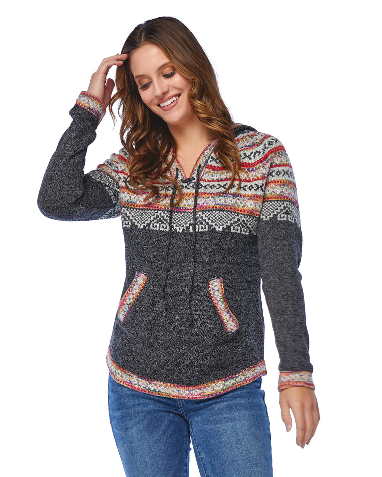 Charcoal $|& Apricot Aztec Knit Hooded Sweater - SOF Front